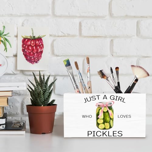 Coquette Pink Bow Pickle Pen Holder for Desk, Pickle Lovers Themed Gifts Pencil Organizer, Just a Girl Who Loves Pickles Wooden Box Sign Desk Decor for Home Office Decoration - color: PICKLES