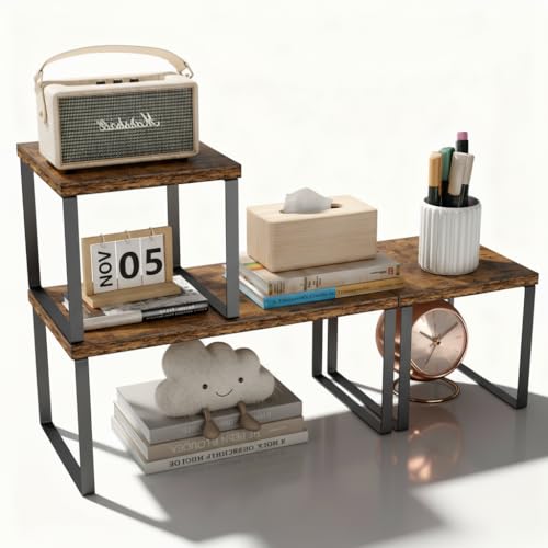 Aothia Wood Desktop Shelf for Top of Desk - 2-Tier Adjustable Bookshelf Organizer, Freestanding Stackable Shelves for Office, Home, Kitchen Counter (Rustic Brown)