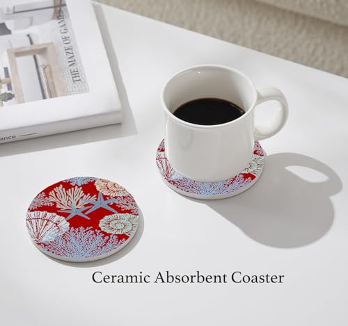 Nikyi 6 Pcs Coastal Shells in Red Ceramic Absorbent Coasters, Round Drink Coaster with Metal Holder & Cork Base, Nautical Beach Coaster for Coffee Table Kitchen Living Office Desk Home Decor Gifts - color: Coastal Shells in Red