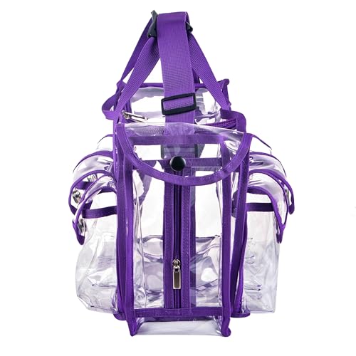 Wide Mouth Large Professional Clear PVC Travel Makeup Artist Set Bag Cosmetic Nails Beauty Bag Transparent Vinyl Tool Organizer Beach Bags Diaper Bags with 6 External Pockets & Strap (Purple) - color: Purple