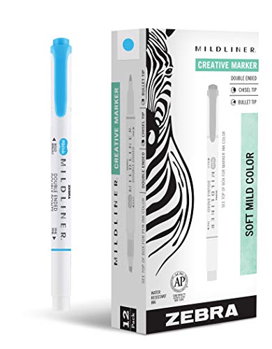 Zebra Pen MILDLINER No Bleed Highlighter, Cyan Color, Dual Tip, 12-Pack - color: Cyan