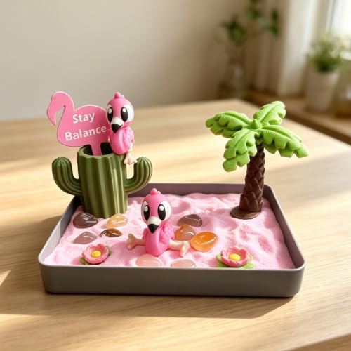 Mini Zen Garden for Desk - Cute Pink Flamingo Decor & Sand Tray Therapy Kit with Cactus Pen Holder. Funny Positive Flamingo Gifts for Women, Relaxing Office Desk Accessories (5.7"x4.1")