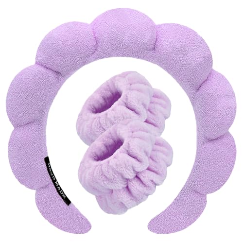Spa Headbands for Washing Face Wristband Set Sponge Makeup Skincare Headband Wrist Towels Bubble Soft Terry Towel Cloth Hairband for Women Puffy Headwear Non Slip Thick Thin Hair Headwear (Purple) - color: Purple