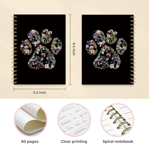VONTP Black Cute Dog Paw Floral Journal Spiral Notebooks, 5.5x8.3 Inches - color: 004-Black