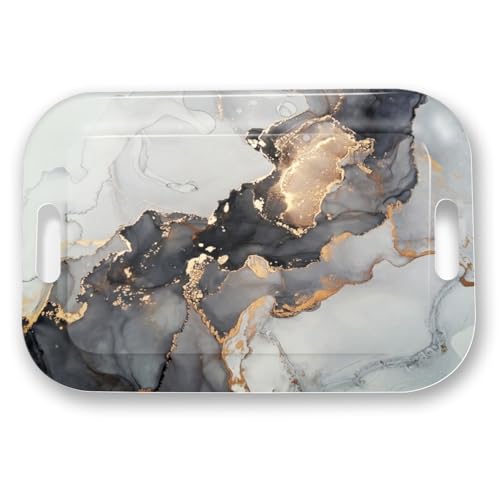 Serving Trays with Handles, 14.5 x 9.8 inch Rectangular Plastic Tray for Restaurant, Kitchen, Gray and Golden Marble - color: Gray and Golden Marble