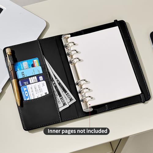 Ovesmusl PU Leather Aesthetic A6 Binder 6 Ring Binder Journal Cover - color: Black, size: A6