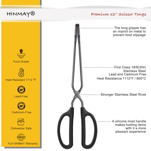 HINMAY 12" Stainless Steel Scissor Tongs with Comfort-Grip Handle (Black) - color: Black, size: 12-Inch