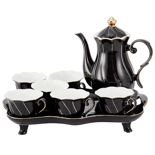 DUJUST 14 pcs Tea Set of 6 with Tea Tray & Spoons, Modern Diamond Design Tea/Coffee Cup Set with Golden Trim, Chic Porcelain Living Room Decor, Fine-china Teapot/Tea Party Set, Gift Package - Black - color: black: 14pcs tea set
