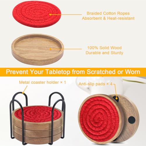 Wood Coasters for Drinks, Eykao Absorbent Coaster Sets of 5, Woven Drink Coasters for Coffee Table, Housewarming Gift for Farmhouse Home Decor,4 inches - color: Red (With Holder)