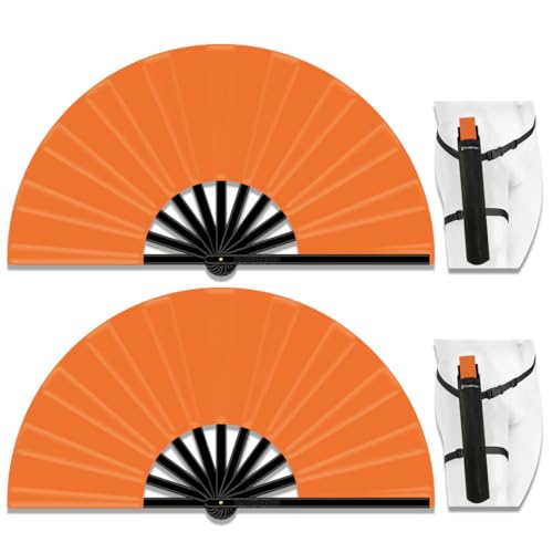 13" Large Folding Rave Fan with Holster, Clack Hand Fans Foldable for Line Dancing for Women Men Festival EDM Party Decoration, Orange 2 Pack - color: Orange