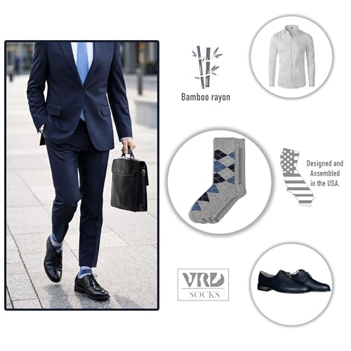VRD Men's Dress Socks Bamboo Rayon, 5-Pack Crew Socks, Multiple Colors and Designs, Shoe Size 8-13, Gift Box - color: 04: Light Grey, 5-pack Mix (2 Solid, 1 Striped, 1 Dotted, 1 Argyle)