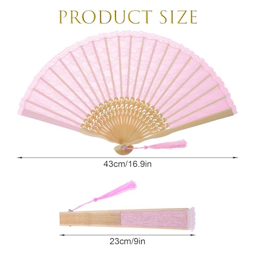 1 Pcs Folding Hand Fan, Pink Lace Vintage Retro Fabric Hand Held Chines/Spanish Foldable Fans for Men/Women Wedding Party Favor Performance Dance Home Decorations Festival Gift