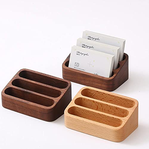 Sizikato 2pcs Beech Wood Business Card Holder for Desk, 3 Card Slots Business Card Display Holder Stand - color: Beech-2pcs