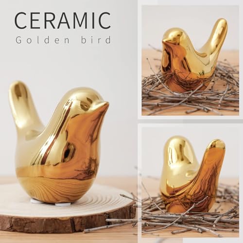 2 Pcs Ceramic Small Bird Figurines Modern Animal Statues for Home 、Room Decor and Bedroom Decor and Bookshelf Display (Gold) - color: Gold