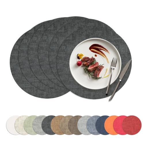 Placemats Set of 6, 15 Inch Round Faux Leather Place Mats - color: R-drak Grey