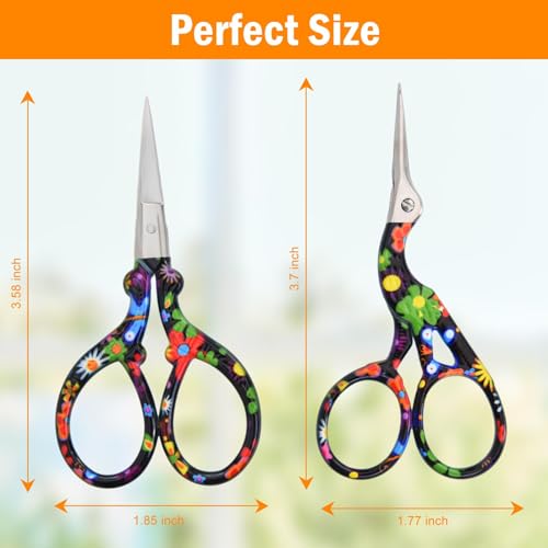 AQUEENLY Embroidery Scissors Vintage 2 Pcs Stainless Steel Stork Scissors Small Sewing Scissor Sharp 3.6 Inches Crochet Scissor for artwork, Threading, Needlework, Black Flower Style - color: Black Flower