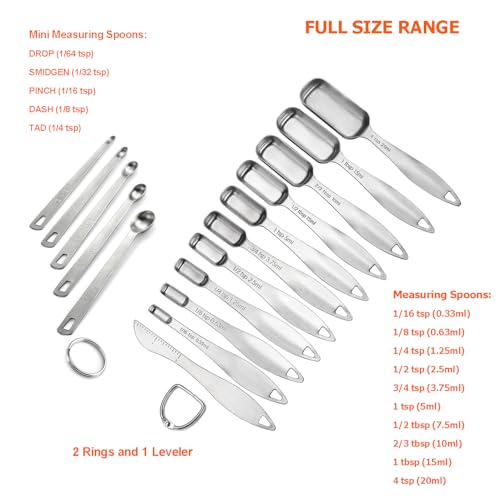18/8 Stainless Steel Measuring Spoons Set of 16 Pieces, Includes 10 Narrow, 1 Leveler and 5 Mini Spoons - size: 16 Pieces: 15 Spoons + 1 Leveler