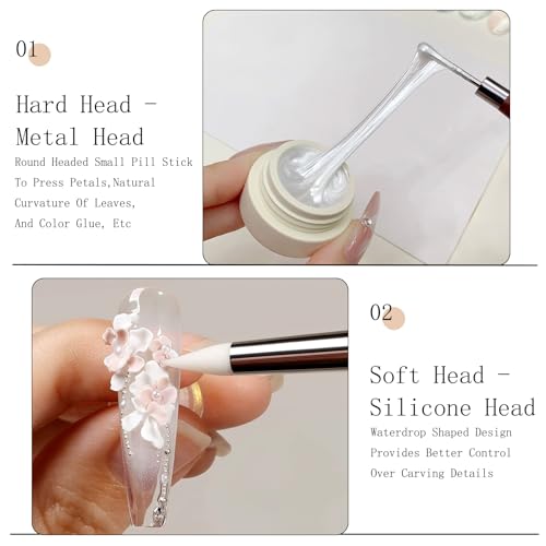 5Pcs Dual-Ended Nail Art Sculpting Tools Silicone Nail Tools for 3D Gel Carving Embossing Gel Mixing Chrome Powder Application Flower Dotting Manicure Design Pen