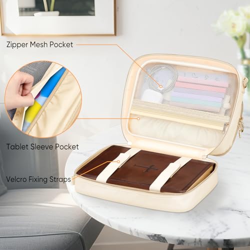 FINPAC Large Bible Cover Case for Women, Bible Bag Study Supplies Kit - color: Beige