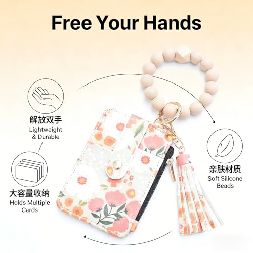 Flower Keychain Wristlet Wallet for Women, Cute Silicone Beaded Credit Card Holder Key Ring Bracelet Wallet - color: C-khaki
