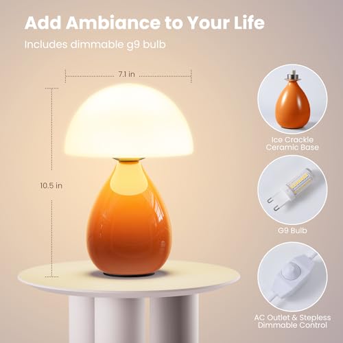 Mushroom Lamp, Mini Modern Lamp Small Vintage Table Bedside Nightstand Light, Small Light Dimmable for Bedroom, Living Room, Ceramic Base Glass Home Decor for Woman Children Gifts - color: White Orange