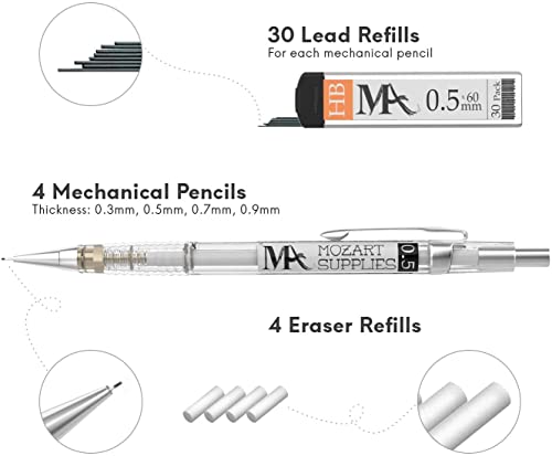 MozArt Mechanical Pencil Set 4 Sizes 0.3 0.5 0.7 0.9mm HB Lead Clear - color: Clear