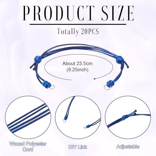 20Pcs Midnight Blue Adjustable Braided Cord Colorful Waxed Thread Half Finished Bracelet with Jump Rings for Wrist DIY Women Jewelry Making Friendship Fashion Bangle Accessory - color: Midnight Blue