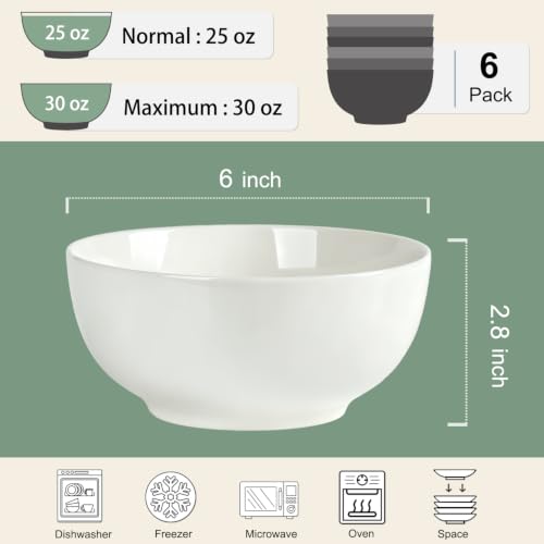 30 oz Ceramic Soup Bowls, 6 inch White Ramen Bowl Set of 6, Cereal Bowls - size: 6 Inches, 30 Ounces