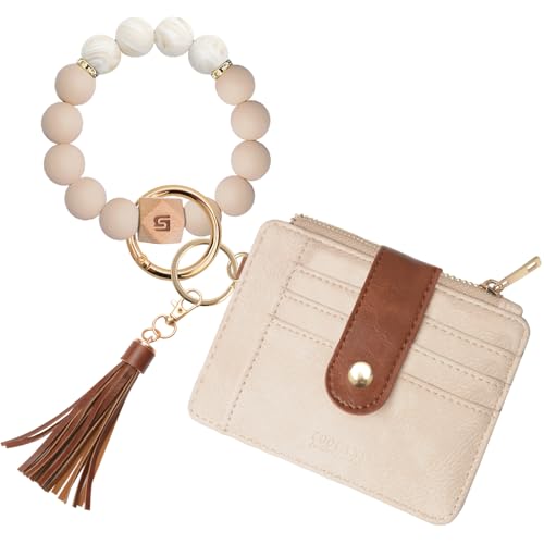 COOLANS Silicone Bracelet Wristlet Wallet Credit Card Holder RFID ID Window Key Ring Tassel Slim Wallet Women Keychain Purse - color: Brown White