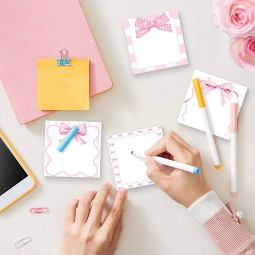 FYSUIMU 9Pcs Pink Bow Sticky Notes Watercolor Bowknot Square Self Adhesive Notepad Removable Memo Pad or Home Classroom Office Party Decor