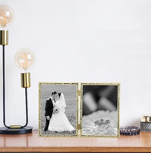 YiPinYin Gold 5x7‘’ Bamboo Detail Design Double Picture Frame,Elegant Narrow Profile Gold Plated Photo Frames With Soft Touch Velvet Backing for Desktop and Shelf Decor - color: Gold, size: 5x7Inch Double