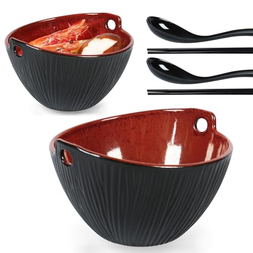 Ceramic Ramen Bowl with Chopsticks,6.7 Inch Noodle Bowls,Pho Bowls and Spoons Set,Japanese Bowl for Pho,Udon,Soba,Noodle,Microwave Safe,Set of 2 (Burnt Red) - color: Burnt Red