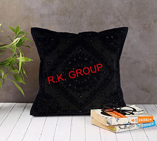 Embroidered Decorative Boho Throw Pillow Cover with Mirrors, Handmade Bohemian Accent Cushion Case for Sofa Couch Bedroom Living Room (Size : 16 X 16 Color : Black) - color: Black, size: 16" x 16" (Pack of 1)
