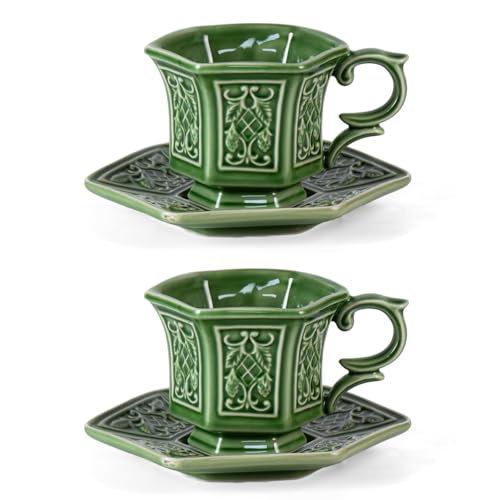 KAMMAK Tea Cups and Saucers Set of 2, 6 oz Porcelain Coffee Cups, SY004 - size: 8CZSY004