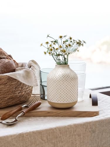 Boho Flower Vase - 5.3 Inch Ceramic White Vase for Pampas Grass, Eucalyptus & Bouquets, Small Home Decor Vases with Dot Embossment, Rustic Farmhouse Centerpiece - color: Bot
