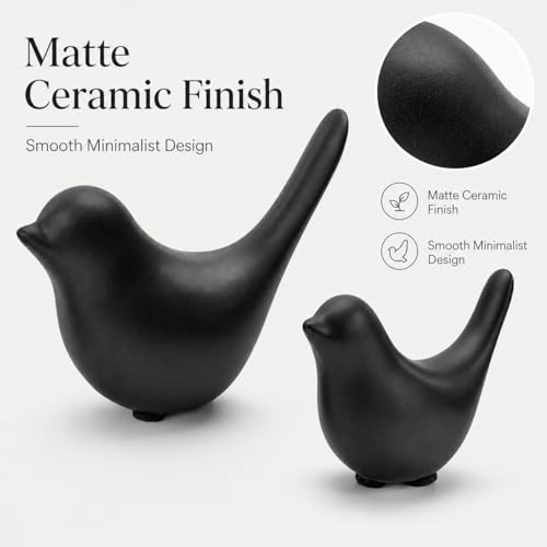 2 Pcs Ceramic Bird Figurines, Black Bird Statues for Home Decor Accents, Small Animal Sculptures for Shelf, Bookshelf, Coffee Table, Living Room, Bedroom, Office and Modern Table Decor - color: Black