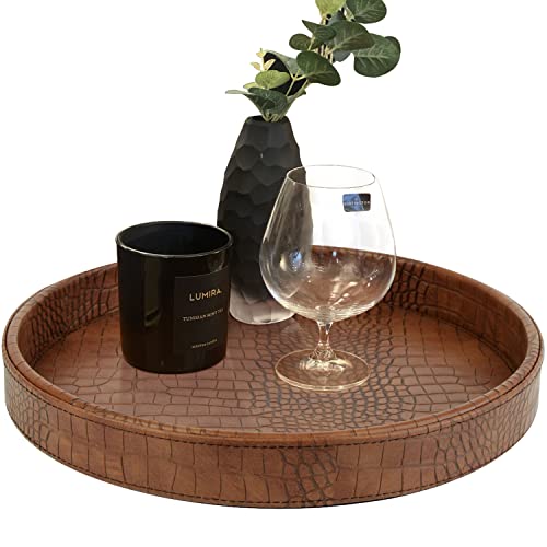 HofferRuffer Faux Leather Round Serving Tray, Vegan Croco Leather Decorative Food Tray for Storage Drinks, Snack & Cosmetics, Dia.12'' x 1.6'' (Antique Brown) - color: Antique Brown, size: 12"