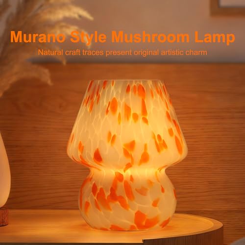 Mushroom Lamp with LED Bulb, Small Glass Bedside Lamp, Orange&White - color: Orange&White