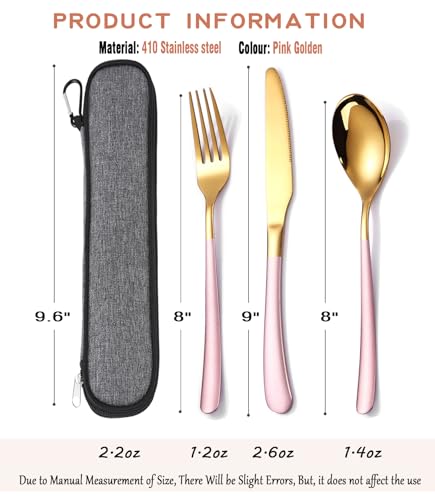 MURRI&MURRDI Travel Stainless Steel Cutlery Set for 1, Reusable Flatware Set with Case, Camping Silverware Set for Work, Knife Fork Spoon Utensil Set 3 Piece (Pink Gold) - color: B- 3 Pink Gold