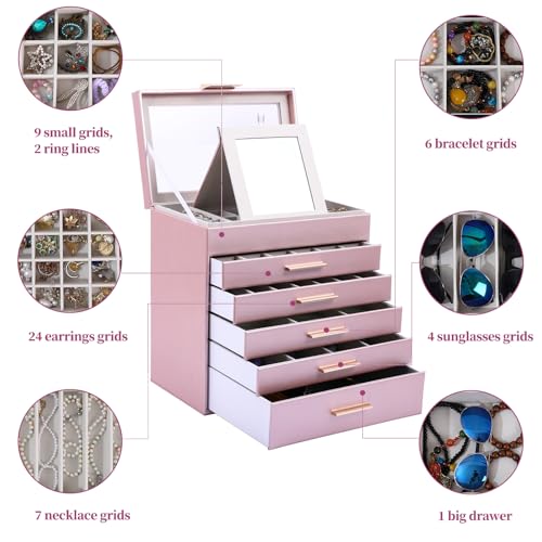BOOVO Jewelry Boxes for Women, White and Black 6 Layer Large Jewelry Box for Necklace, Bracelet, Earrings, Rings Storage, Jewelry holder Organizer for Girls Gift (Rose gold, 6 layer) - color: Rose gold, size: 6 layer