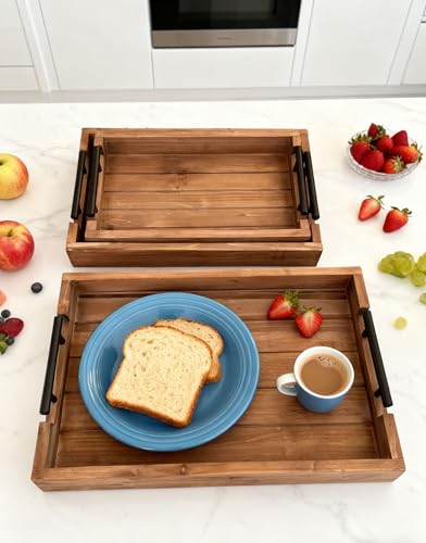 3Pcs Nested Vintage Wood Serving Tray Set, Coffee Table Ottoman Decor Trays - color: Brown, size: 3Pc