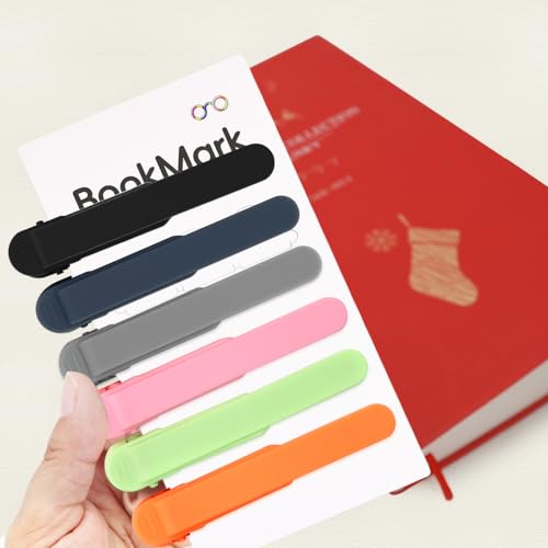 SMUK 6 Pieces Smart Silicone Bookmark, Cute Automatic Book Marks for Men Book Lovers Women, Book Marker Book Page Clip Reading Accessories Gifts for Reading Lovers - color: 1 Black+1 Light Gray+1 Navy Blue+1 Pink+1 Green+1 Orange