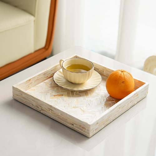PEMAR 11" Square Mother of Pearl Decorative Tray - Herringbone Shell - color: Creamy White Herringbone