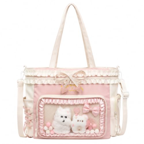 Kawaii Ita Bag with Ruffle Trim, Cute Color Block Crossbody Bag, Pin Display Shoulder Bag with Insert Y2k Style - color: Beige / Pink