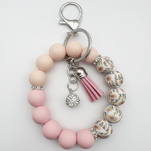 Unpafcxddyig Silicone Bead Keychain Bracelet Wristlet Key Ring - color: Rainbow Pink