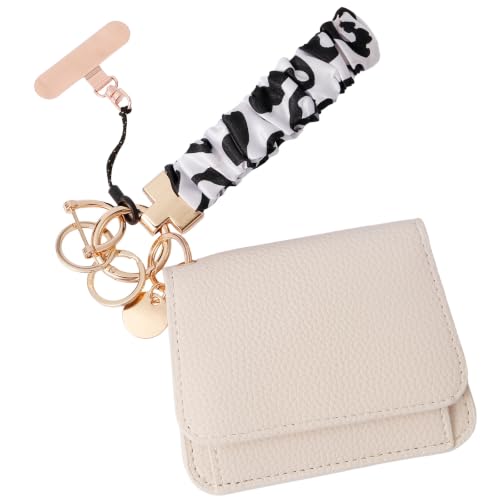 Scrunchie Wristlet Keychain Gift Set for Women with Small RFID Wallet Keychain, Stretchy Key chain with Phone Tether Tab - color: Cow Print