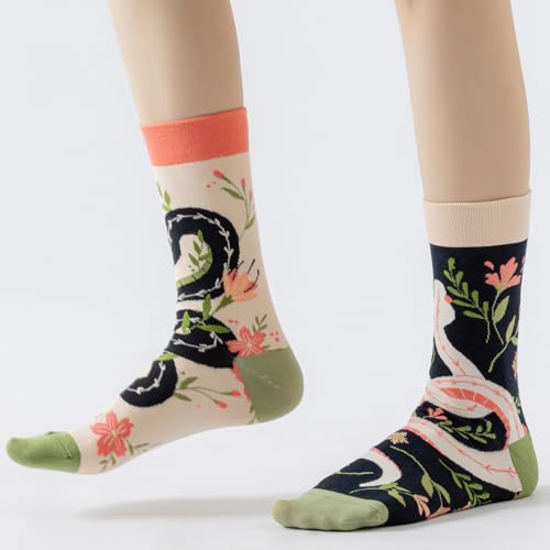 2 Pairs Cartoon Animal Crew Socks Fun Cotton Mid Calf Socks for Women - color: Snake & Flower