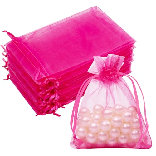 50PCS Hot Pink Organza Bags 3x4, Small Gift Bags Drawstring Mini Mesh Pouches for Jewelry Candy Makeup Sachet, Cute Goodie Baggies for Birthday Wedding Baby Shower Halloween Party Favors - color: Hot Pink