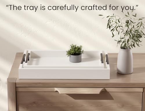 Fibogollo Set of 2 Bamboo Serving Trays with Metal Handles(White) - style: White-Medium and Large Set