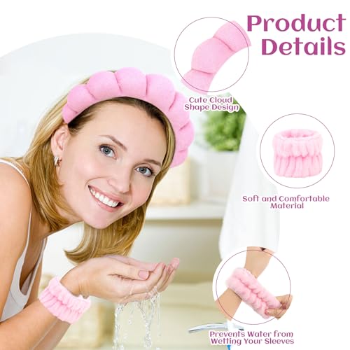 6 Pcs Spa Headband Set - Terry Cloth Headbands with Sponge Wristbands for Skincare, Makeup Removal, and Shower - color: Pink+Purple